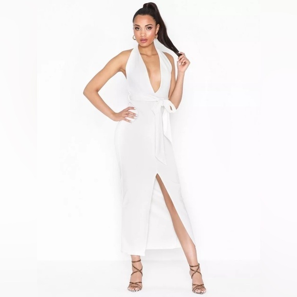 NWT Missguided White Plunge Neck Belted Midi Size 2 - Picture 1 of 13